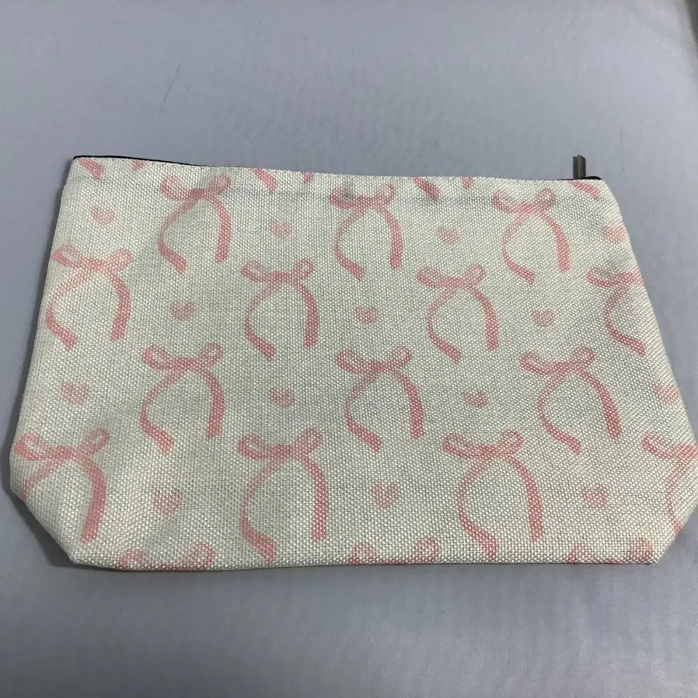 Canvas Cosmetic Bag, Girl Accessories, Pouch Organizer Pink Ribbons & Hearts